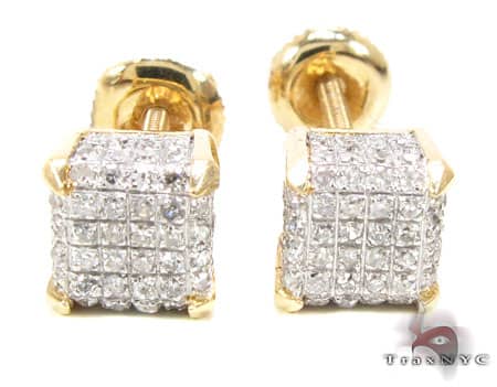 1 Carat Pave Diamond Stud Earrings 10K Yellow Gold Cube Shape