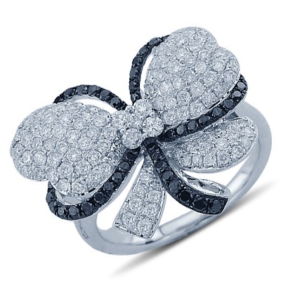 White and Black Pave Diamond Fashion Bow Ring In 18K White Gold ...