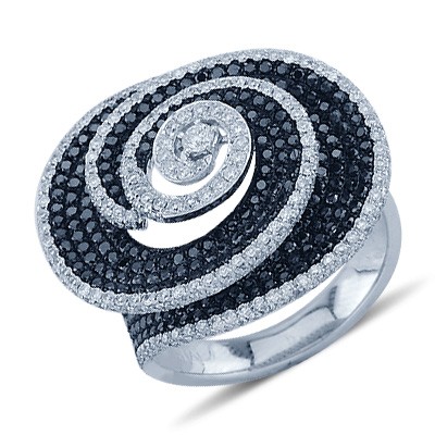 White and Black Pave Set Diamond Spiral Ring In 14K White Gold ...