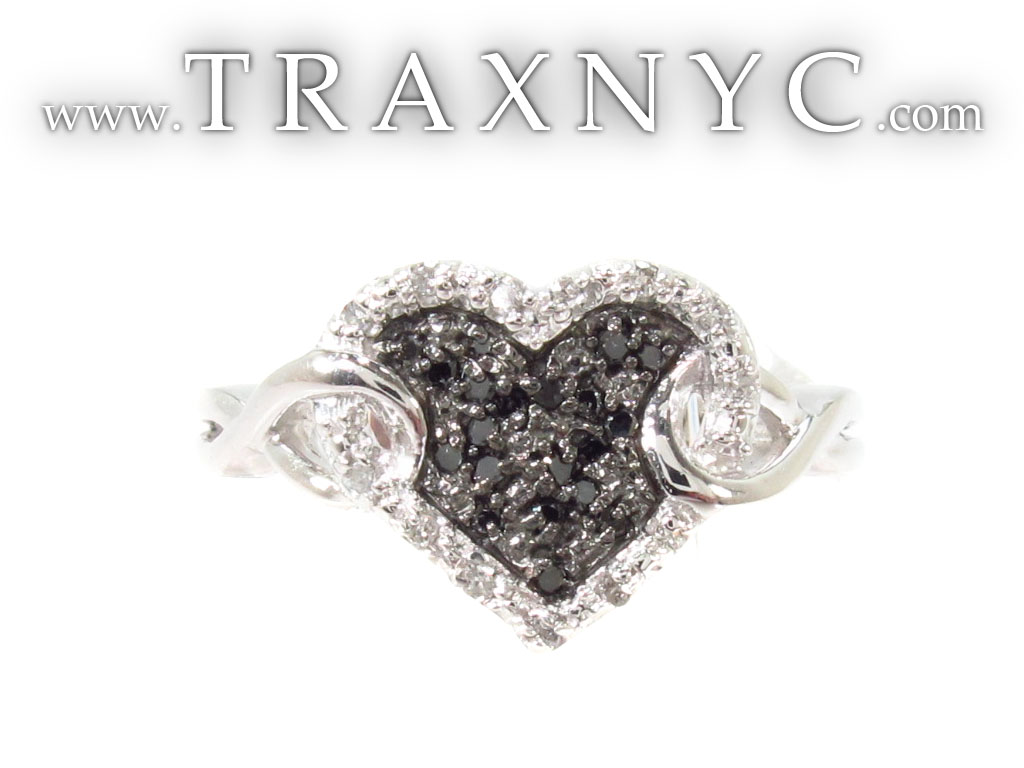 Prong Black and White Diamond Heart Silver Ring 31479